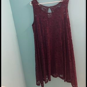 Maroon lace dress.